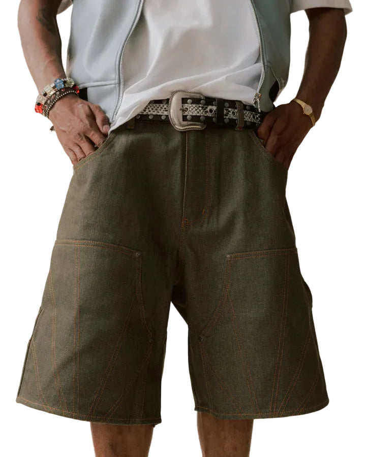 RAW DENIM DOUBLE KNEE SHORTS - GREEN – Green